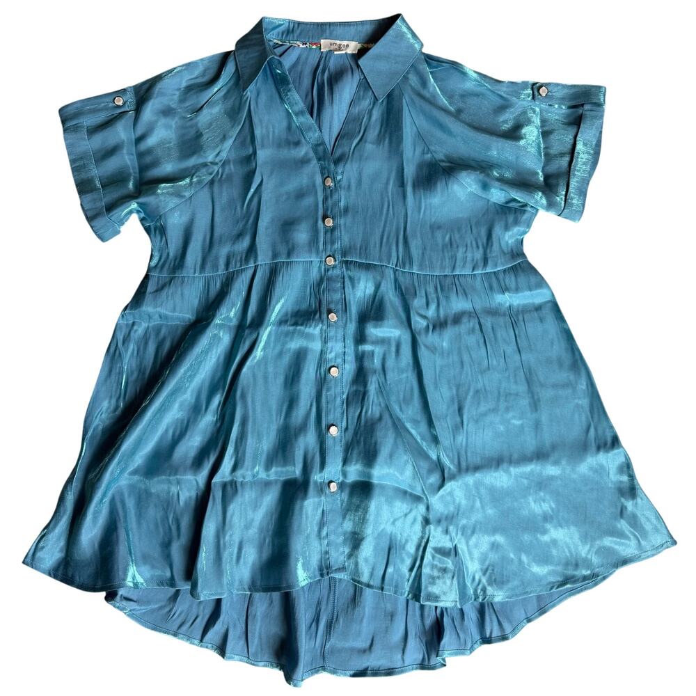 Umgee Blue Shimmer Button Front High Low Shirt Dress Women's M - Picture 2 of 11
